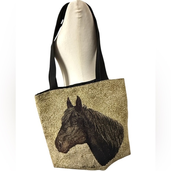 Handbags - Equestrian Print Tote Bag - Tan and Black